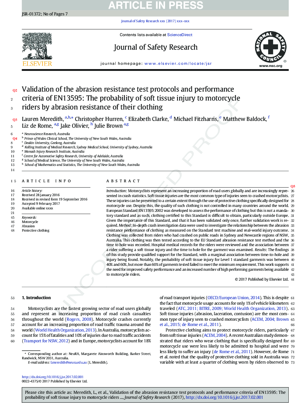 Validation of the abrasion resistance test protocols and performance criteria of EN13595: The probability of soft tissue injury to motorcycle riders by abrasion resistance of their clothing