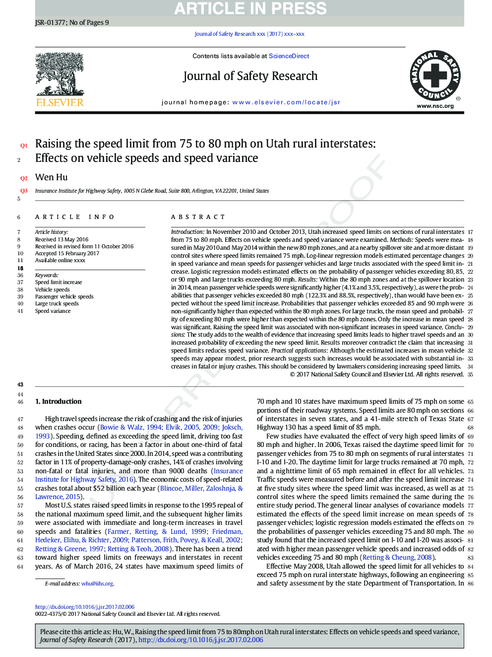 Raising the speed limit from 75 to 80Â mph on Utah rural interstates: Effects on vehicle speeds and speed variance