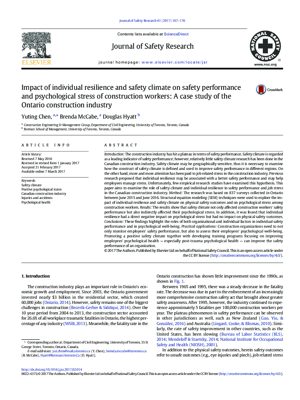 Impact of individual resilience and safety climate on safety performance and psychological stress of construction workers: A case study of the Ontario construction industry