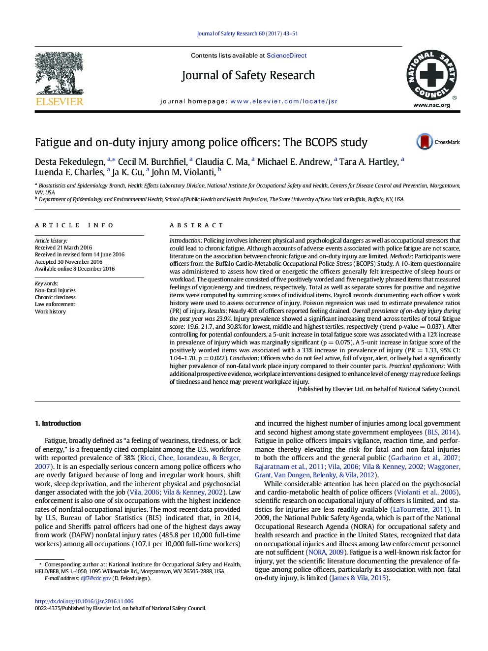 Fatigue and on-duty injury among police officers: The BCOPS study