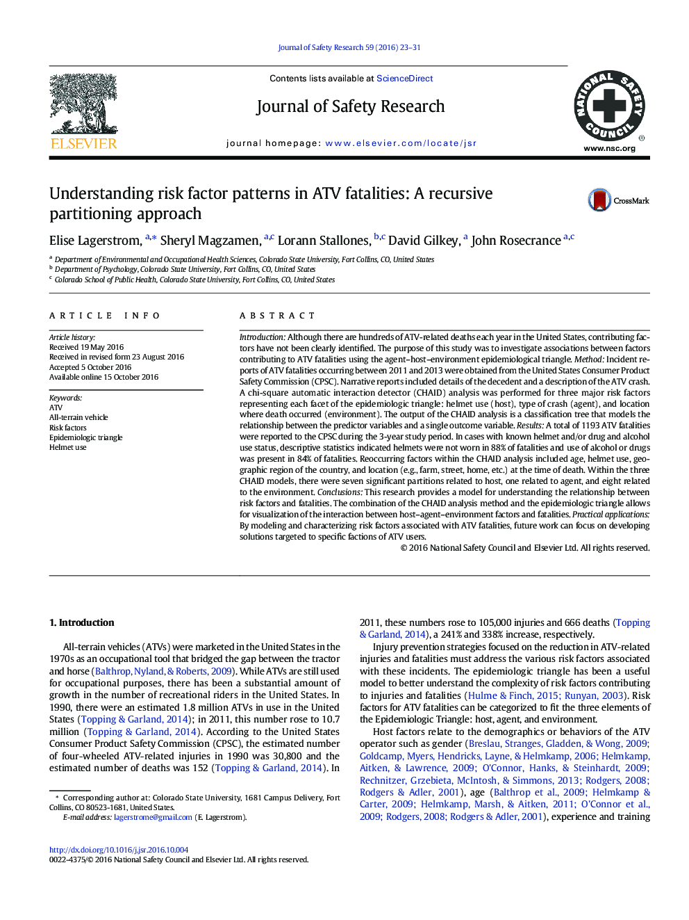 Understanding risk factor patterns in ATV fatalities: A recursive partitioning approach