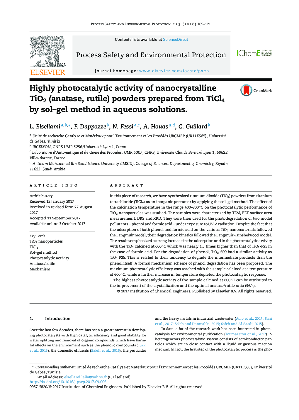 Highly photocatalytic activity of nanocrystalline TiO2 (anatase, rutile) powders prepared from TiCl4 by sol-gel method in aqueous solutions.