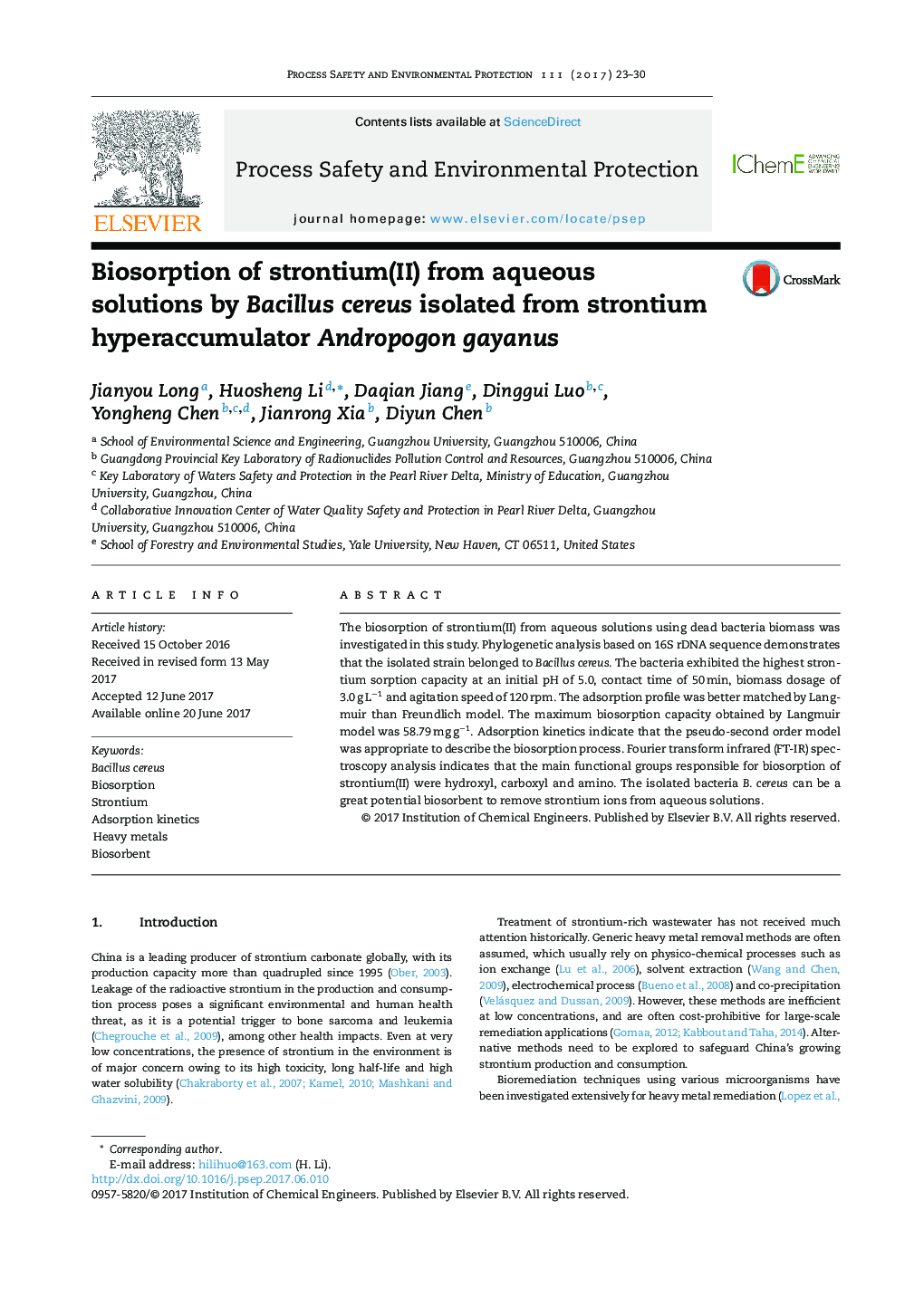 Biosorption of strontium(II) from aqueous solutions by Bacillus cereus isolated from strontium hyperaccumulator Andropogon gayanus