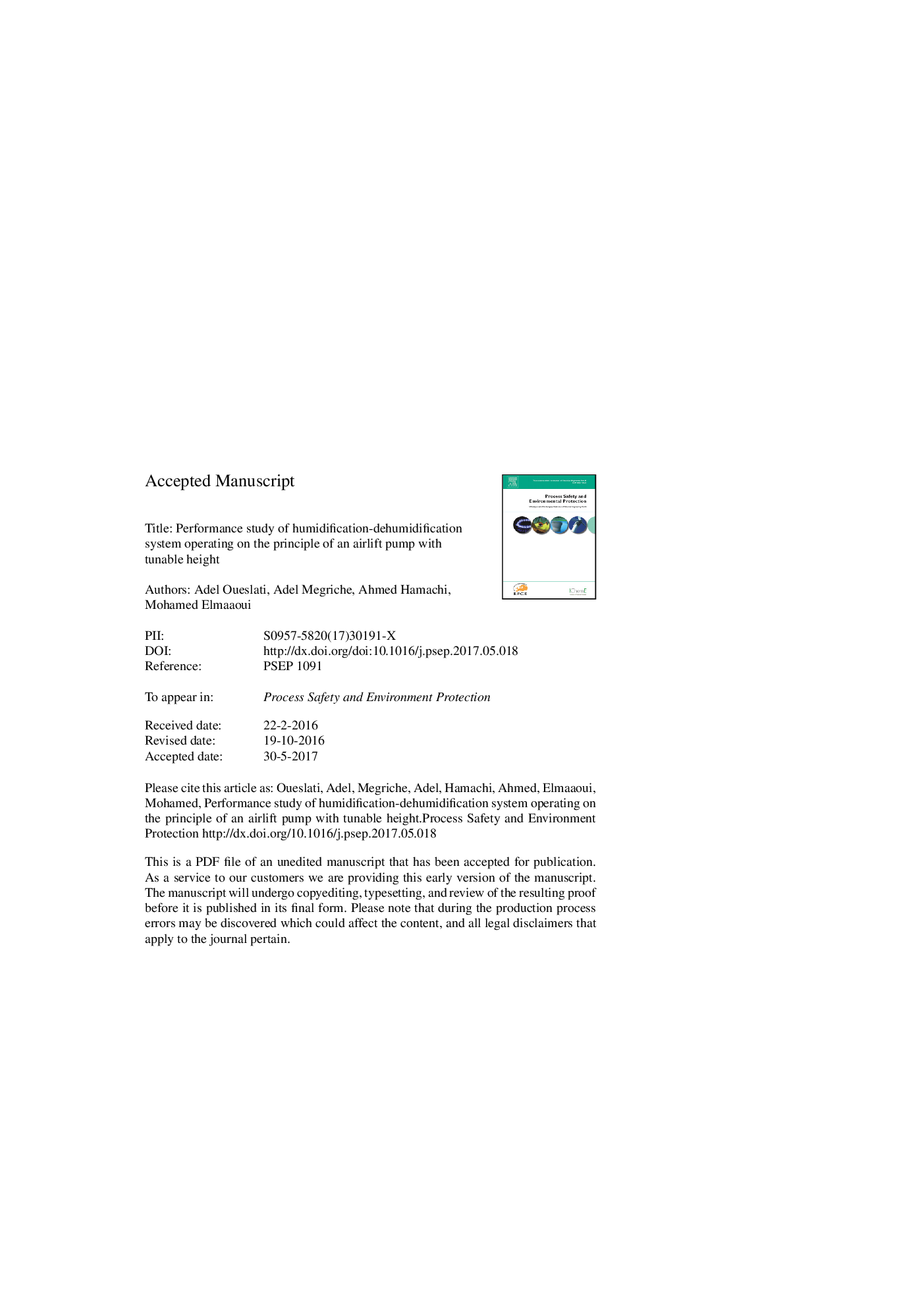 Performance study of humidification-dehumidification system operating on the principle of an airlift pump with tunable height