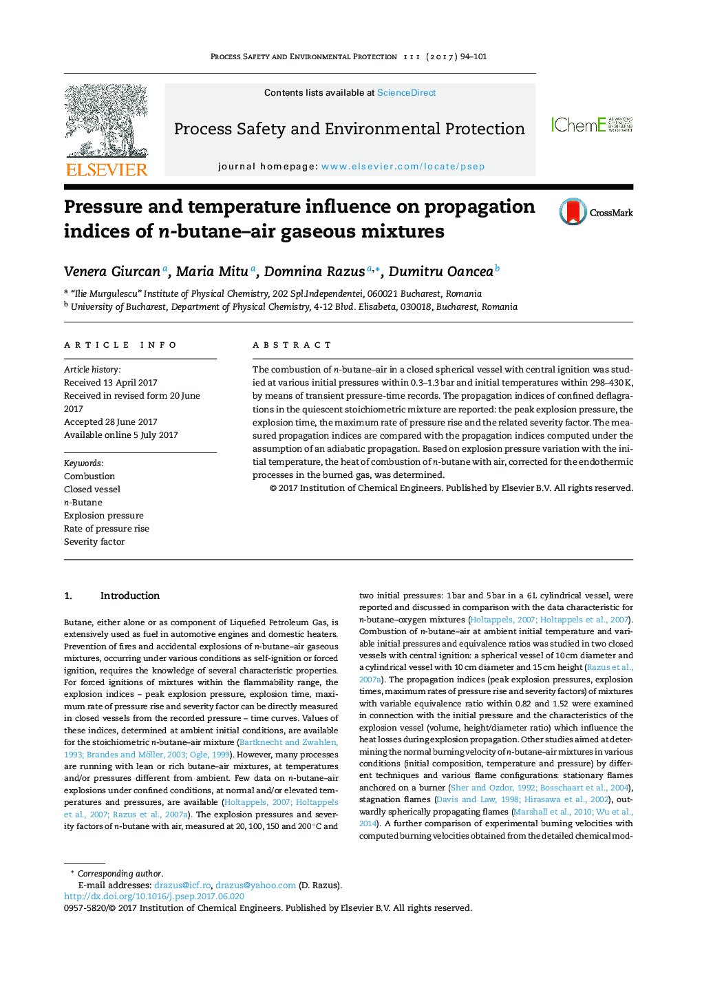 Pressure and temperature influence on propagation indices of n-butane-air gaseous mixtures