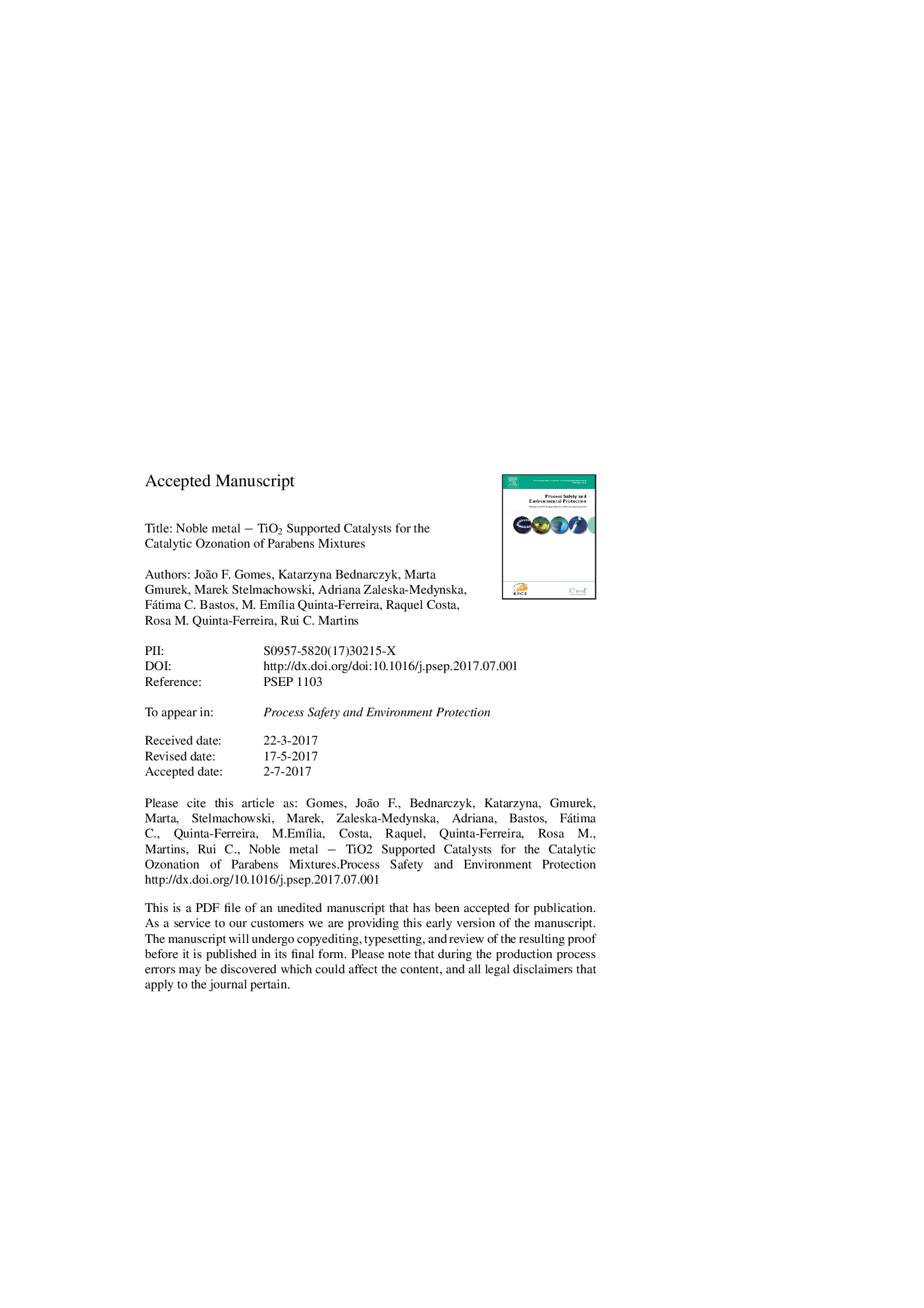 عکس صفحه اول مقاله: Noble metal-TiO2 supported catalysts for the catalytic ozonation of parabens mixtures Noble metal-TiO2 supported catalysts for the catalytic ozonation of parabens mixtures