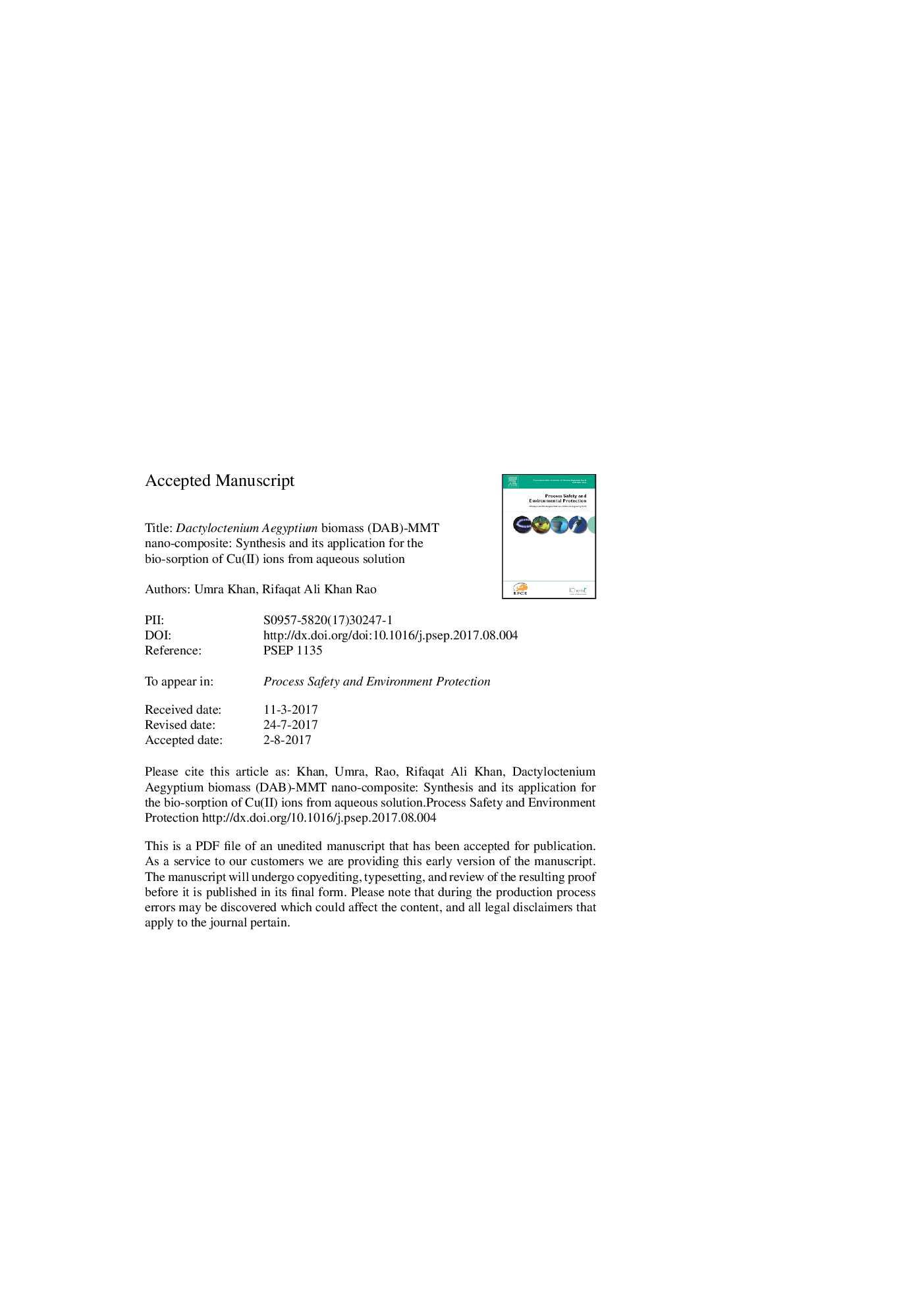 عکس صفحه اول مقاله: Dactyloctenium aegyptium biomass (DAB)-MMT nano-composite: Synthesis and its application for the bio-sorption of Cu(II) ions from aqueous solution Dactyloctenium aegyptium biomass (DAB)-MMT nano-composite: Synthesis and its application for the bio-sorption of Cu(II) ions from aqueous solution