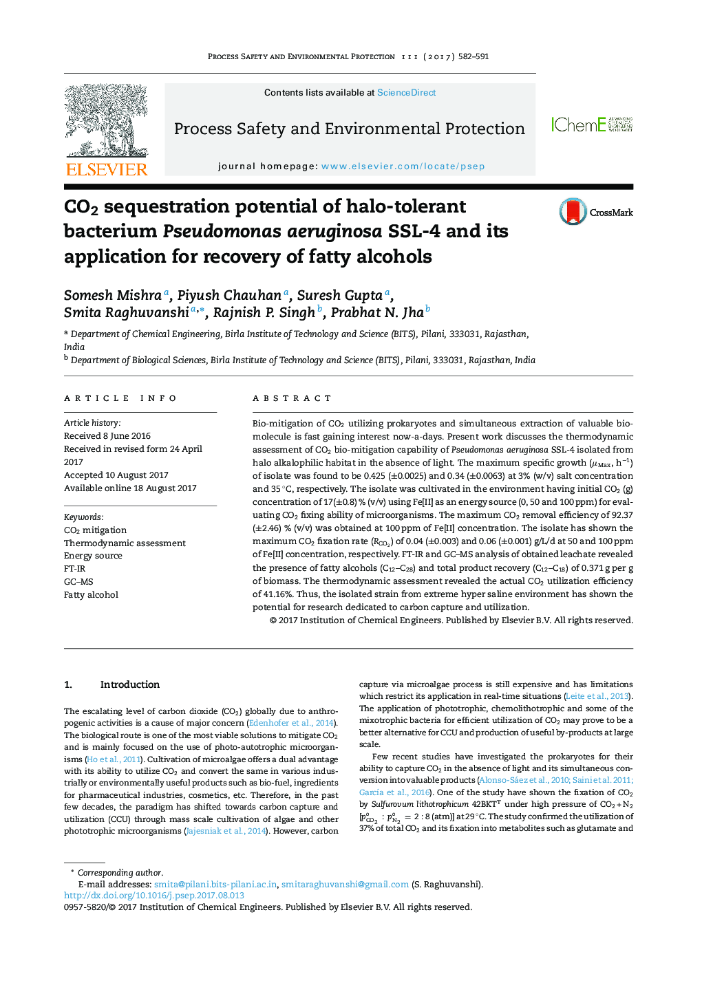 CO2 sequestration potential of halo-tolerant bacterium Pseudomonas aeruginosa SSL-4 and its application for recovery of fatty alcohols