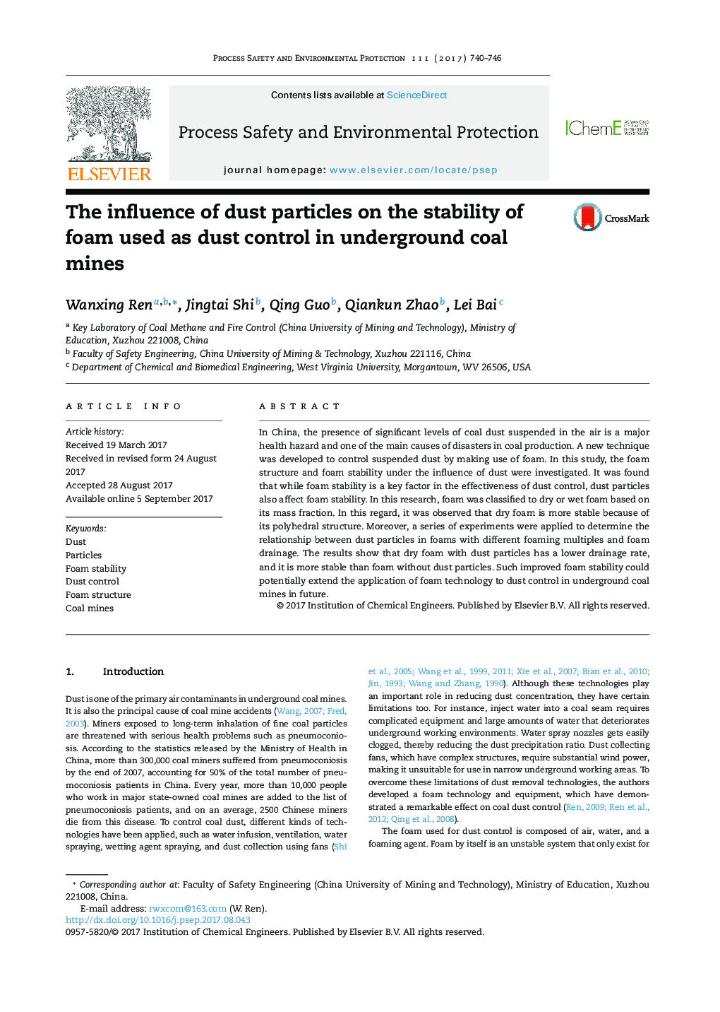 The influence of dust particles on the stability of foam used as dust control in underground coal mines