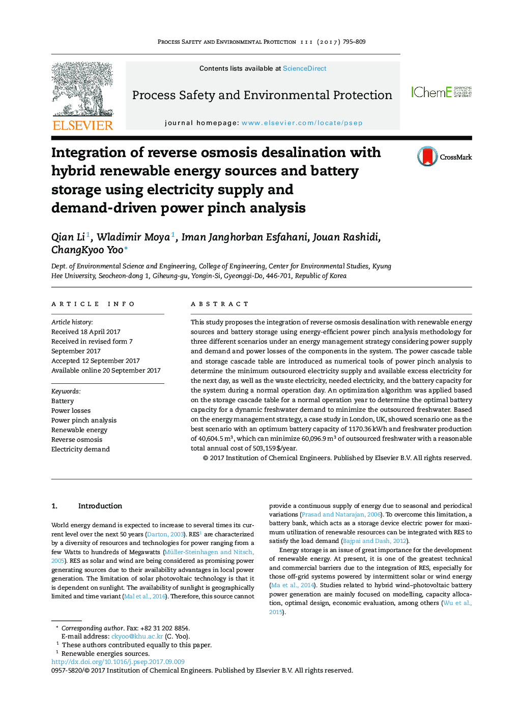 Integration of reverse osmosis desalination with hybrid renewable energy sources and battery storage using electricity supply and demand-driven power pinch analysis