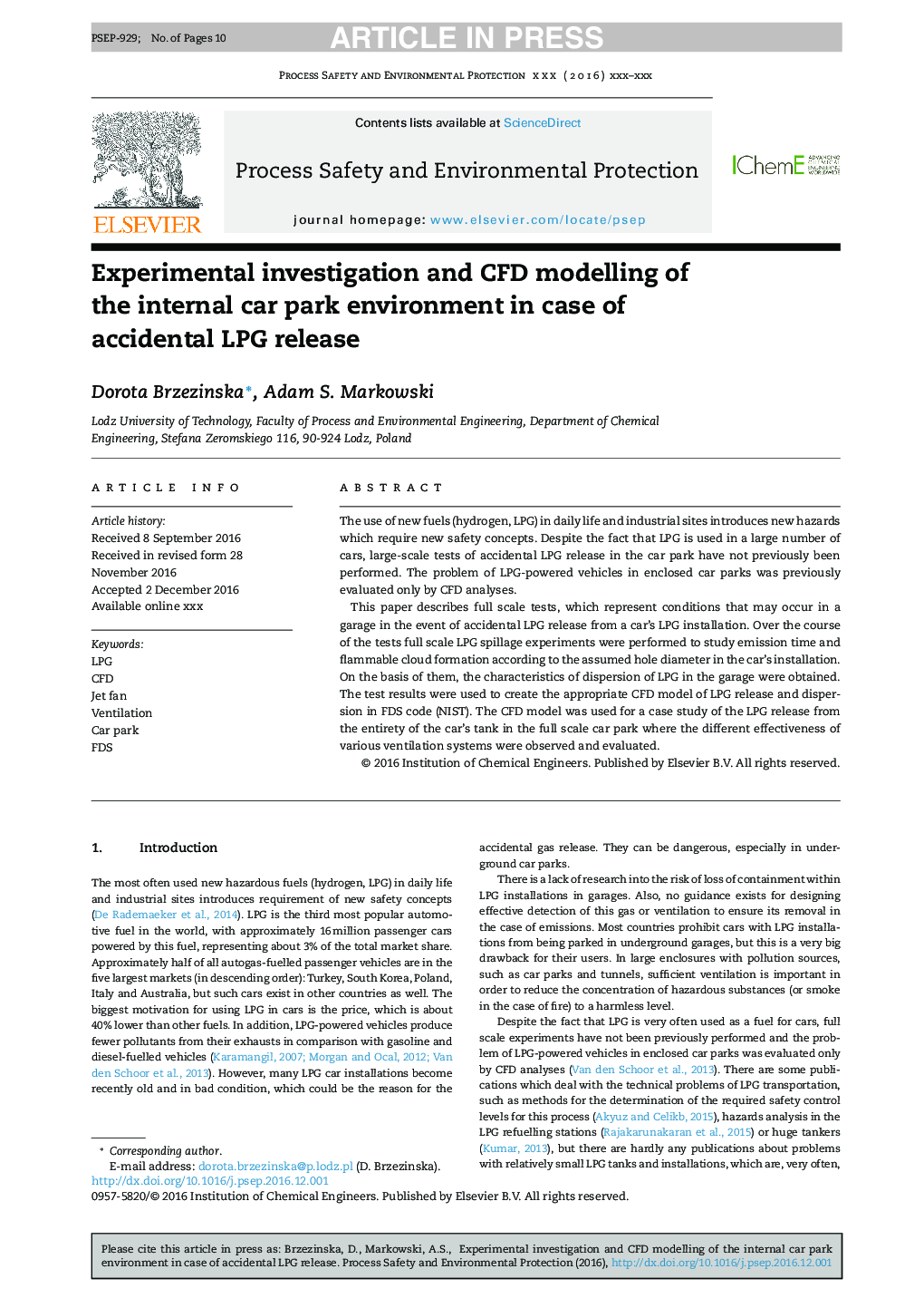 Experimental investigation and CFD modelling of the internal car park environment in case of accidental LPG release