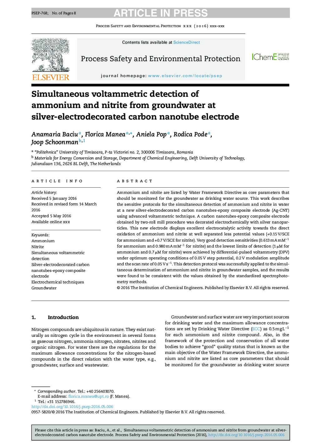 Simultaneous voltammetric detection of ammonium and nitrite from groundwater at silver-electrodecorated carbon nanotube electrode