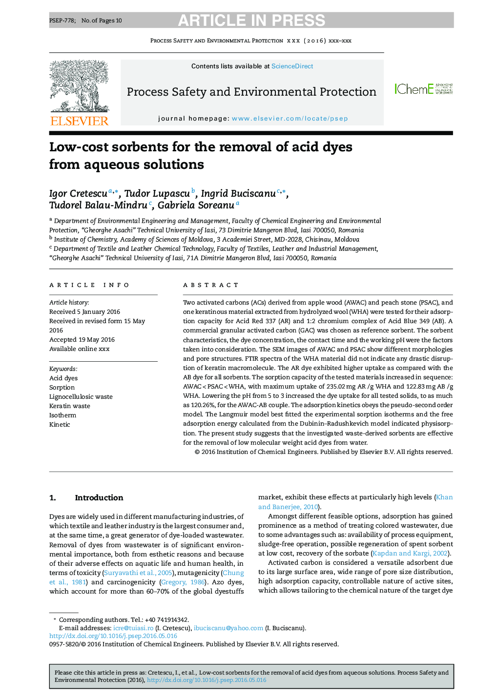 Low-cost sorbents for the removal of acid dyes from aqueous solutions