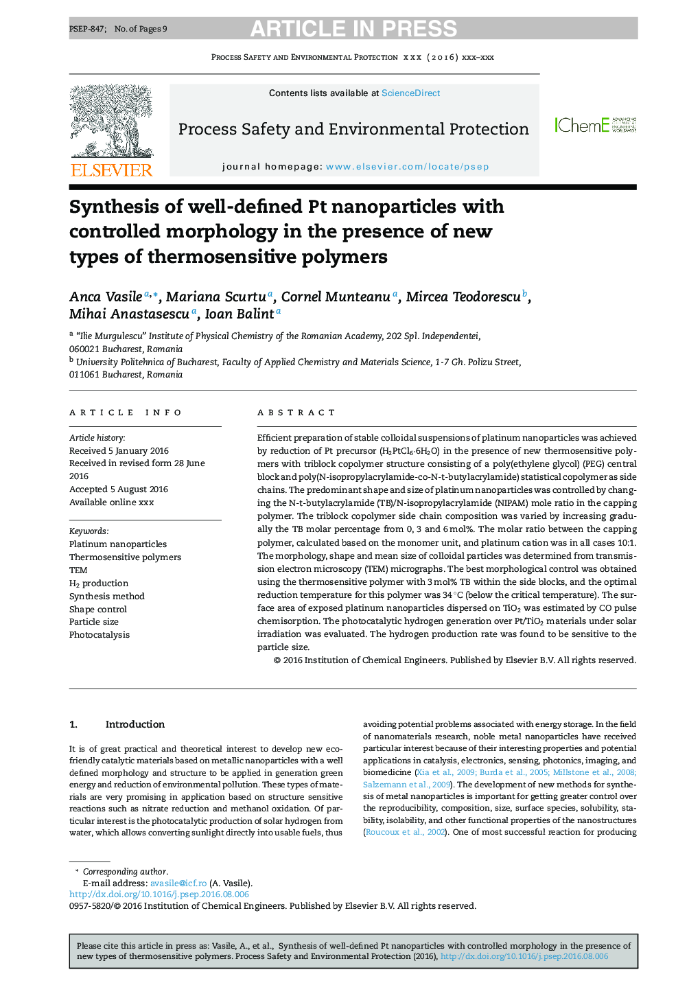 Synthesis of well-defined Pt nanoparticles with controlled morphology in the presence of new types of thermosensitive polymers