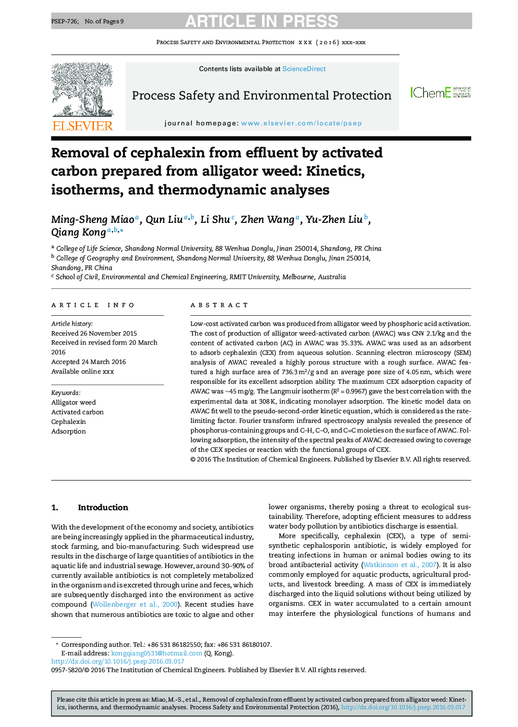 Removal of cephalexin from effluent by activated carbon prepared from alligator weed: Kinetics, isotherms, and thermodynamic analyses