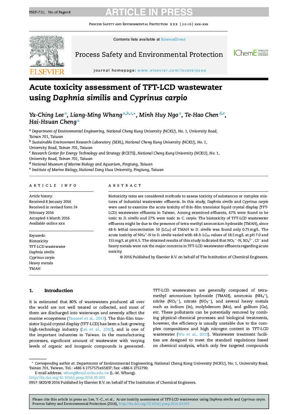 Acute toxicity assessment of TFT-LCD wastewater using Daphnia similis and Cyprinus carpio