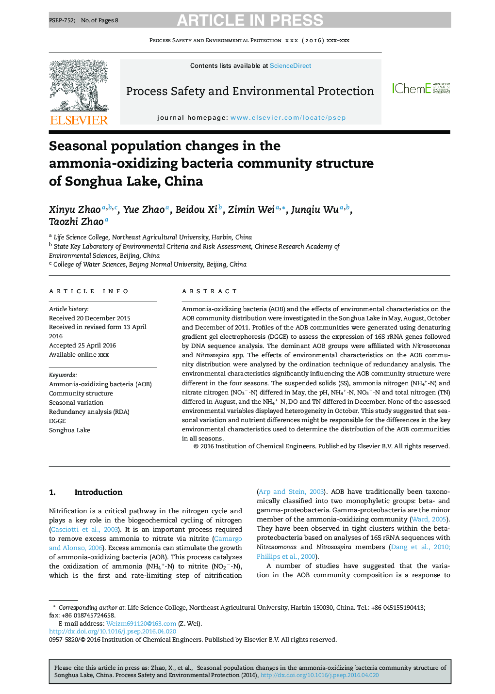 Seasonal population changes in the ammonia-oxidizing bacteria community structure of Songhua Lake, China