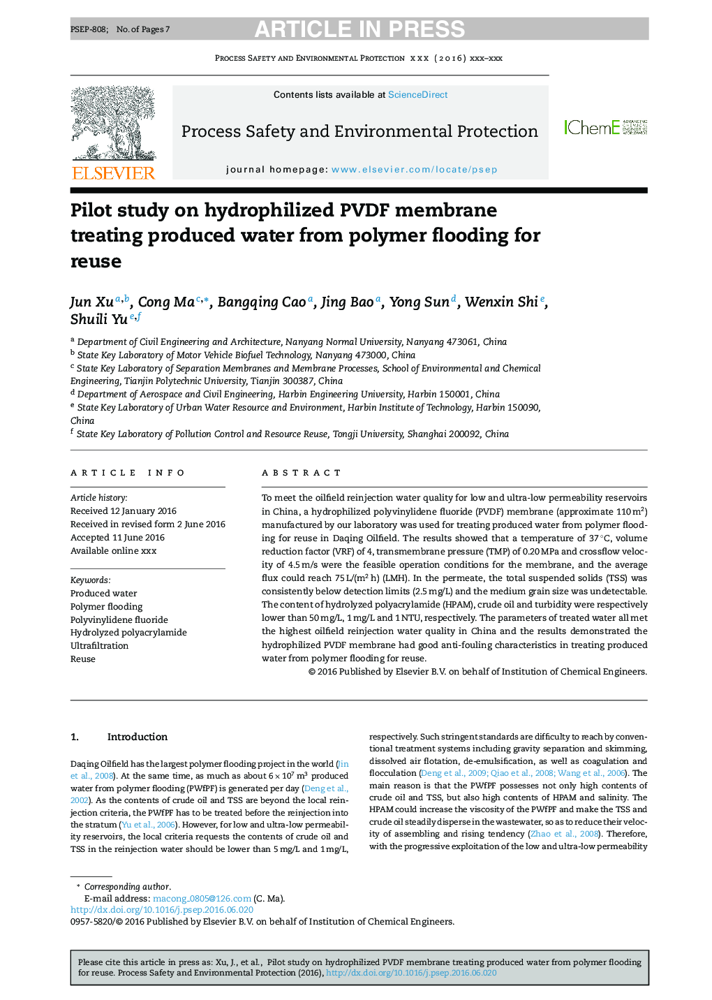 Pilot study on hydrophilized PVDF membrane treating produced water from polymer flooding for reuse