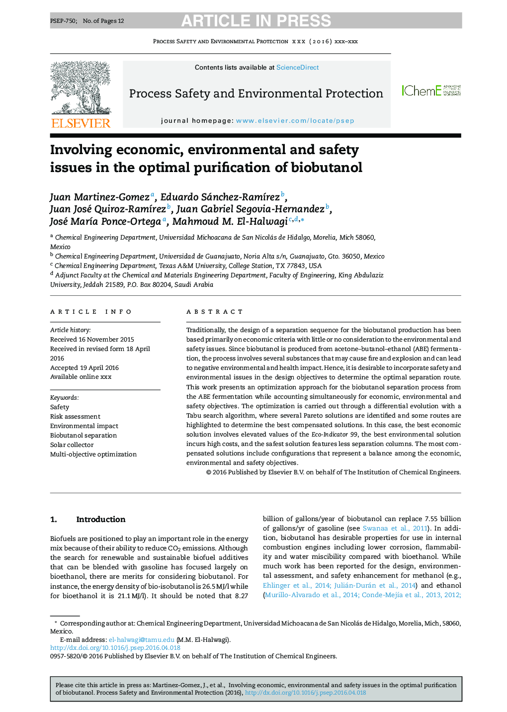 Involving economic, environmental and safety issues in the optimal purification of biobutanol