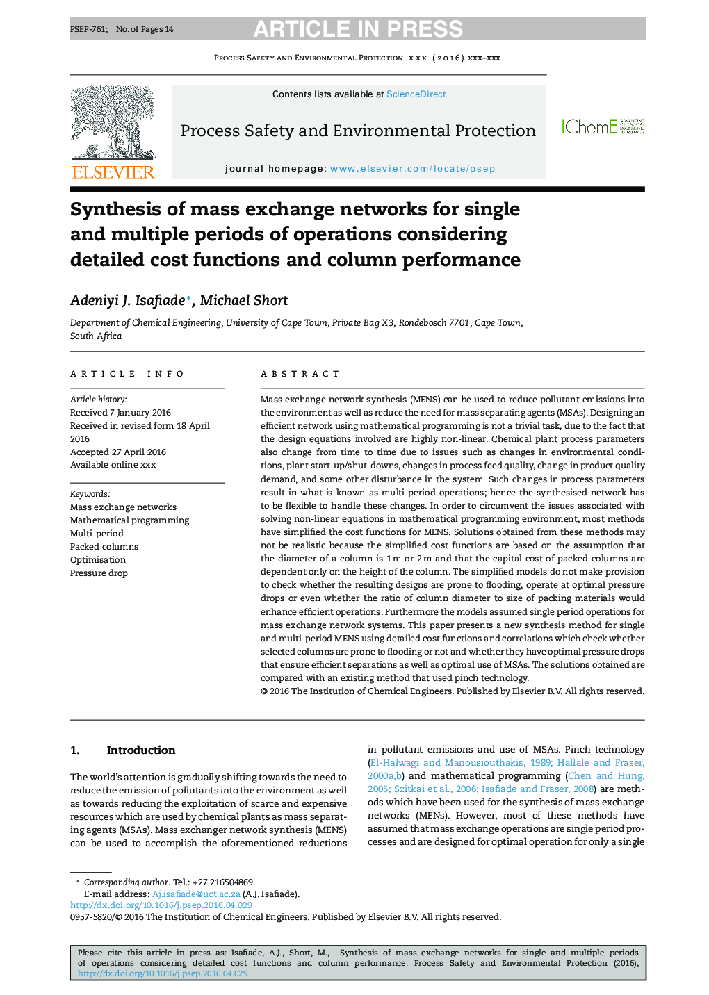 Synthesis of mass exchange networks for single and multiple periods of operations considering detailed cost functions and column performance