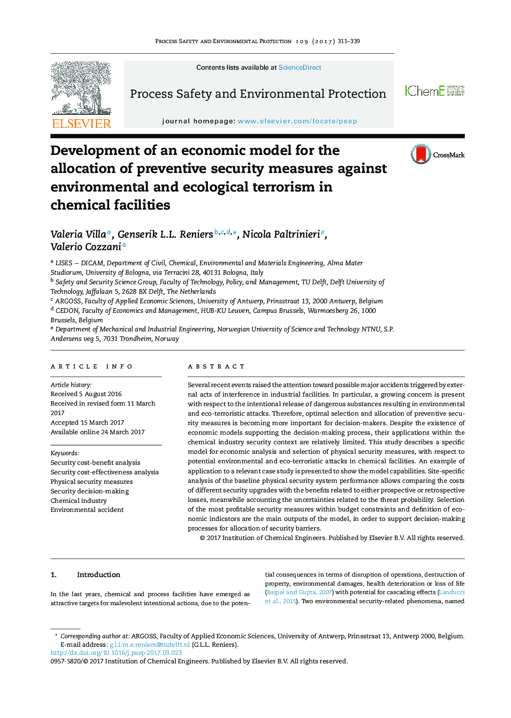 Development of an economic model for the allocation of preventive security measures against environmental and ecological terrorism in chemical facilities