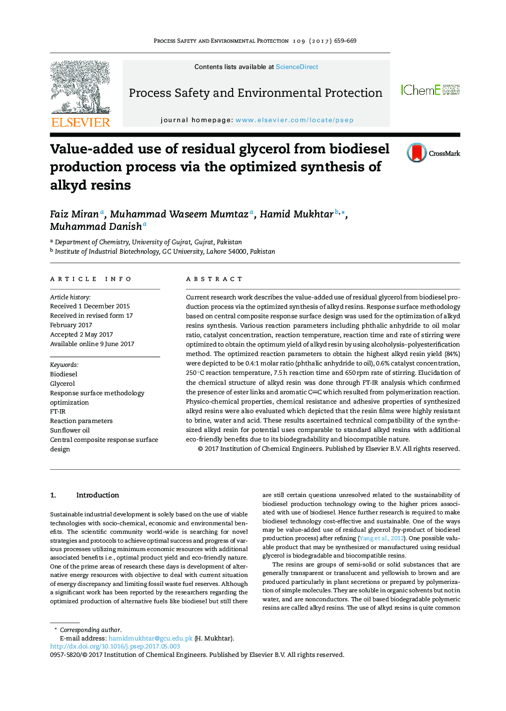 استفاده افزایشی از گلیسرول باقی مانده از فرآیند تولید بیودیزل از طریق سنتز بهینه سازی رزین های آلکیدی 