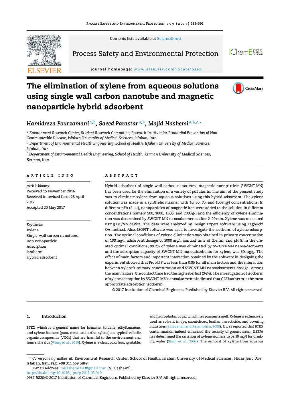 The elimination of xylene from aqueous solutions using single wall carbon nanotube and magnetic nanoparticle hybrid adsorbent