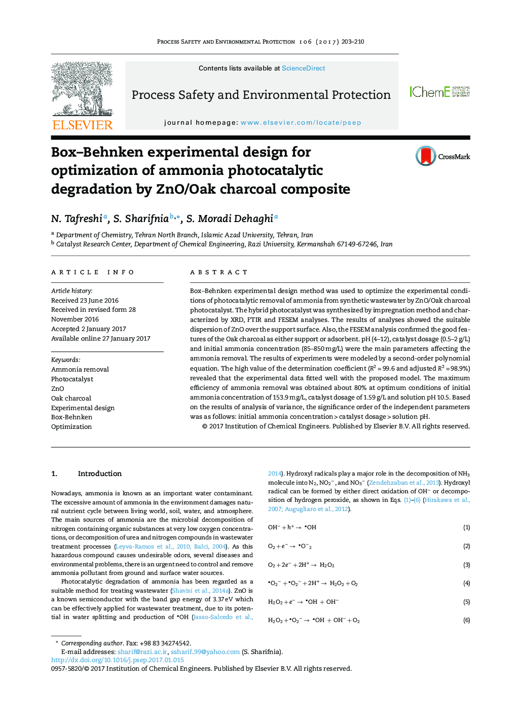 Box-Behnken experimental design for optimization of ammonia photocatalytic degradation by ZnO/Oak charcoal composite