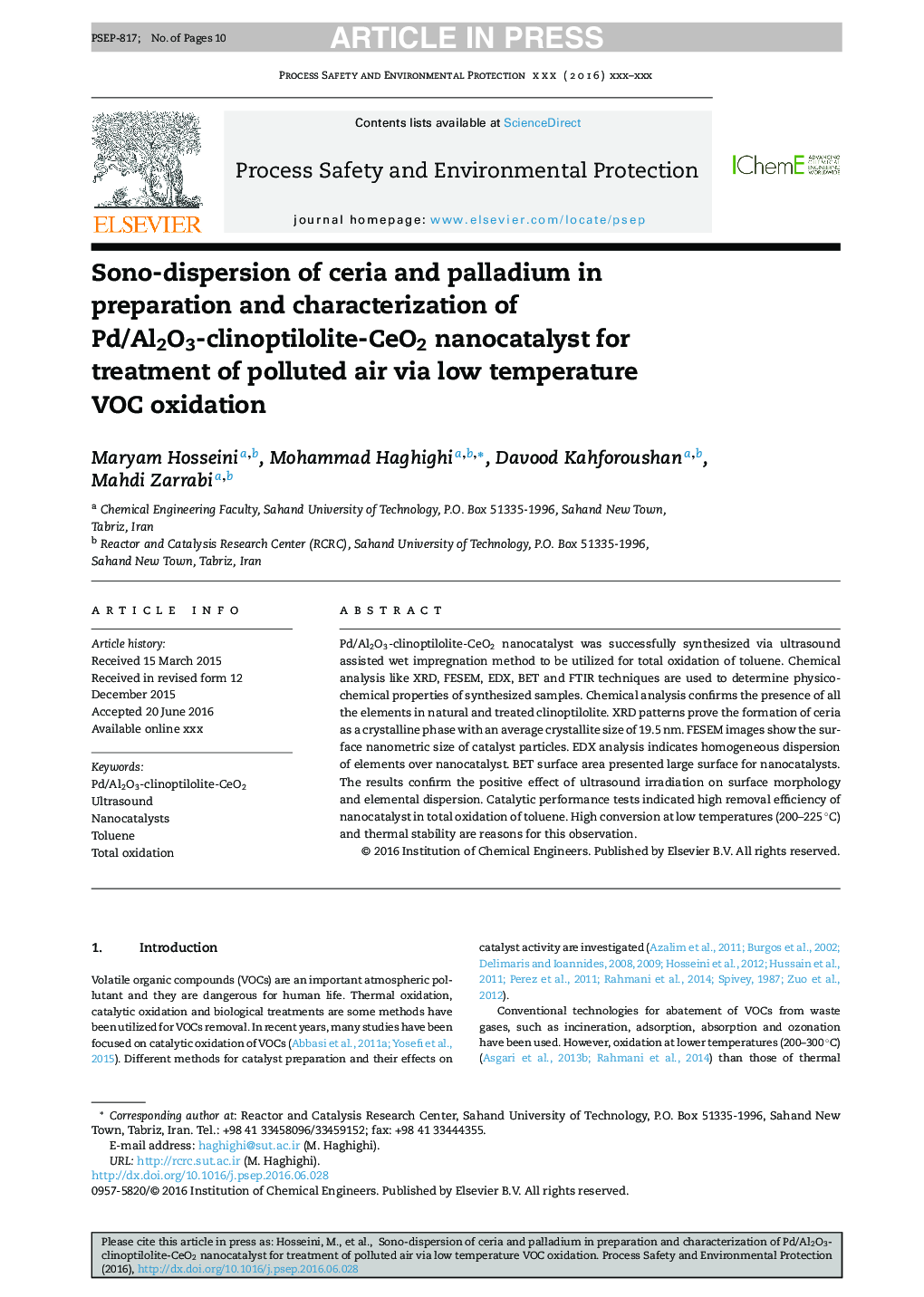 Sono-dispersion of ceria and palladium in preparation and characterization of Pd/Al2O3-clinoptilolite-CeO2 nanocatalyst for treatment of polluted air via low temperature VOC oxidation