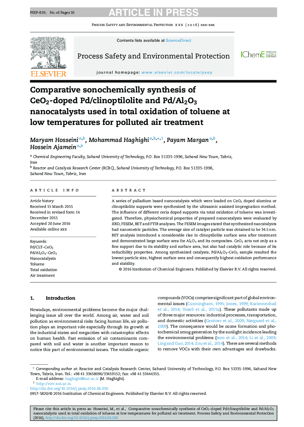 Comparative sonochemically synthesis of CeO2-doped Pd/clinoptilolite and Pd/Al2O3 nanocatalysts used in total oxidation of toluene at low temperatures for polluted air treatment