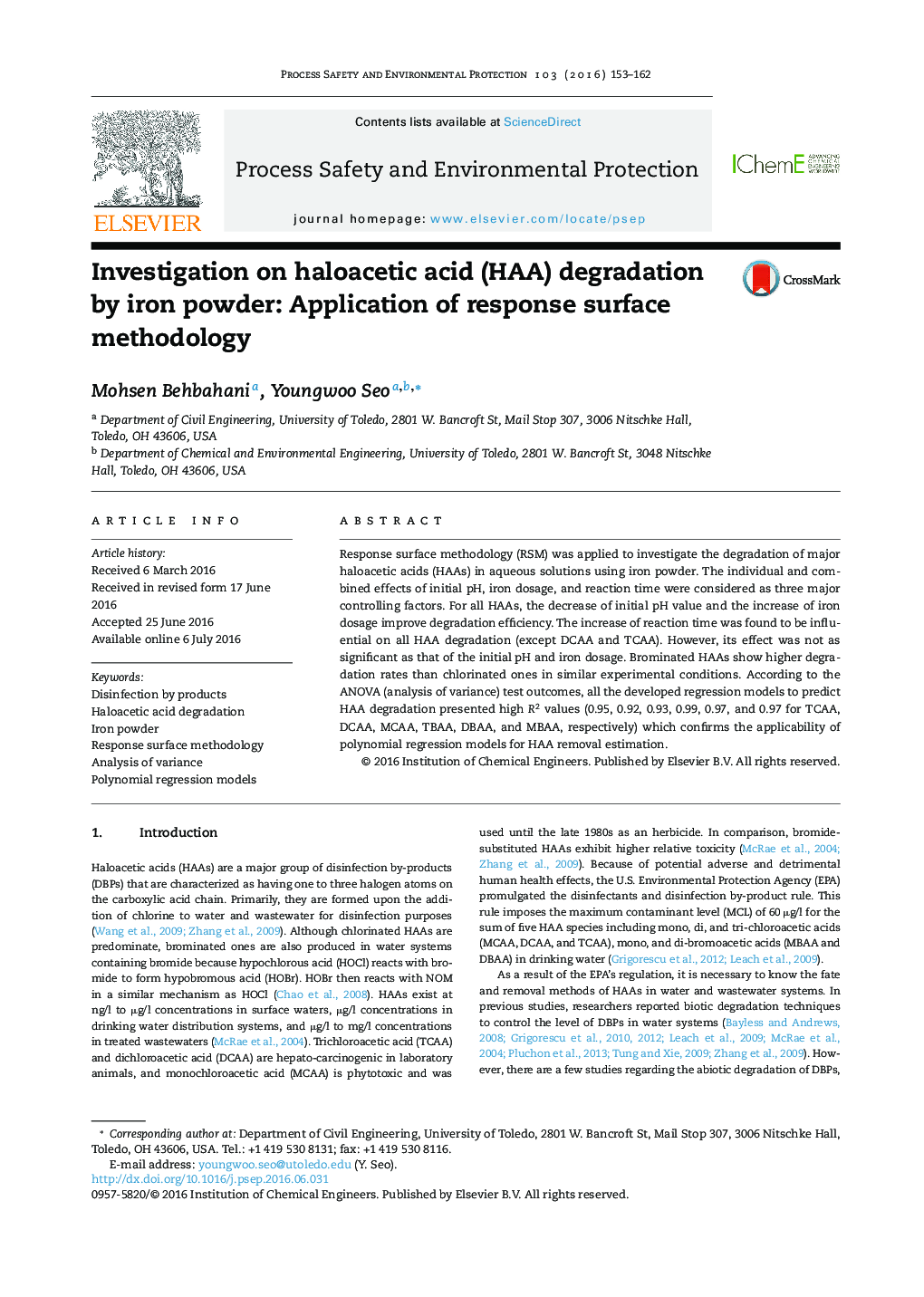 Investigation on haloacetic acid (HAA) degradation by iron powder: Application of response surface methodology