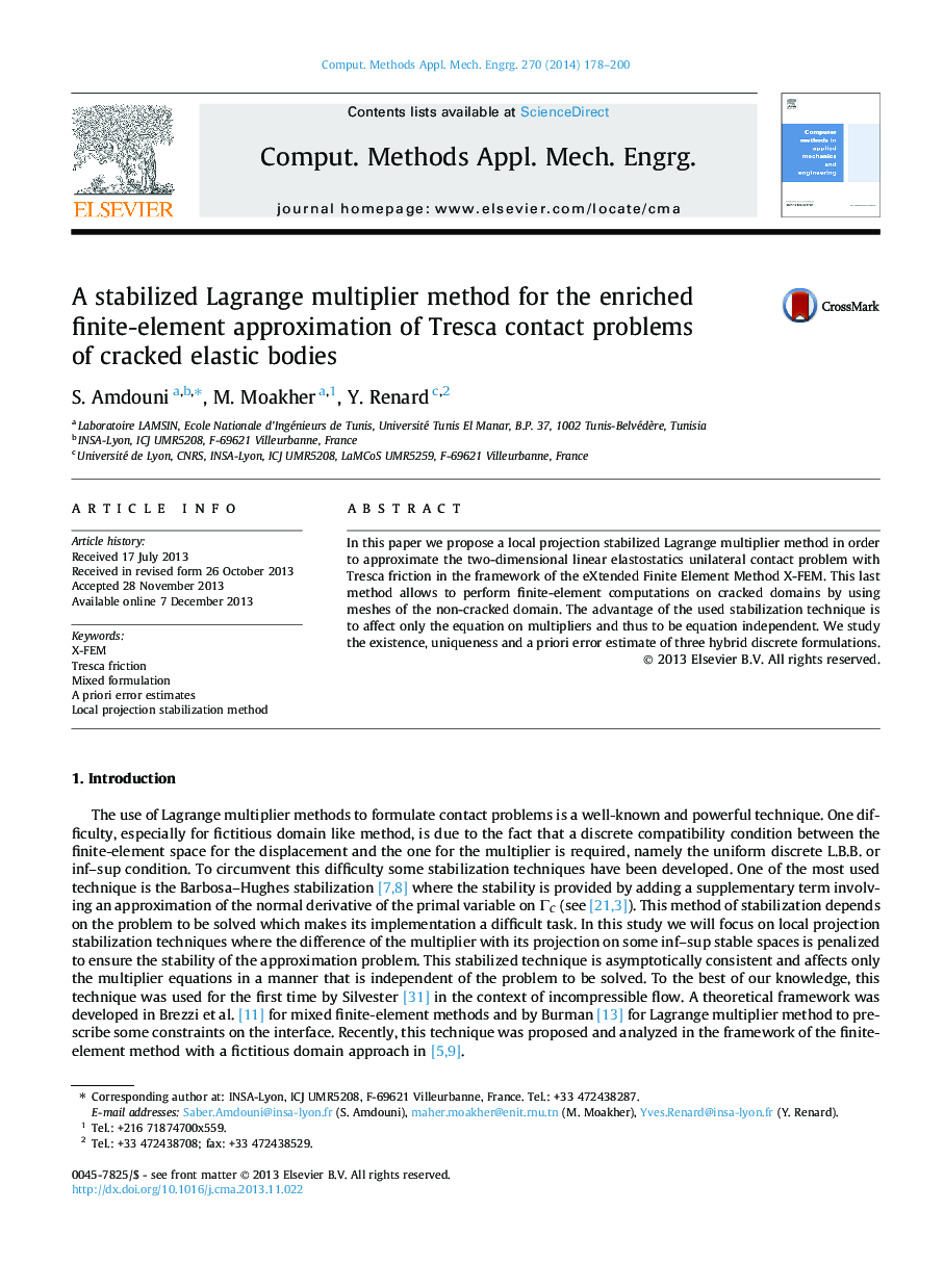 A stabilized Lagrange multiplier method for the enriched finite-element approximation of Tresca contact problems of cracked elastic bodies