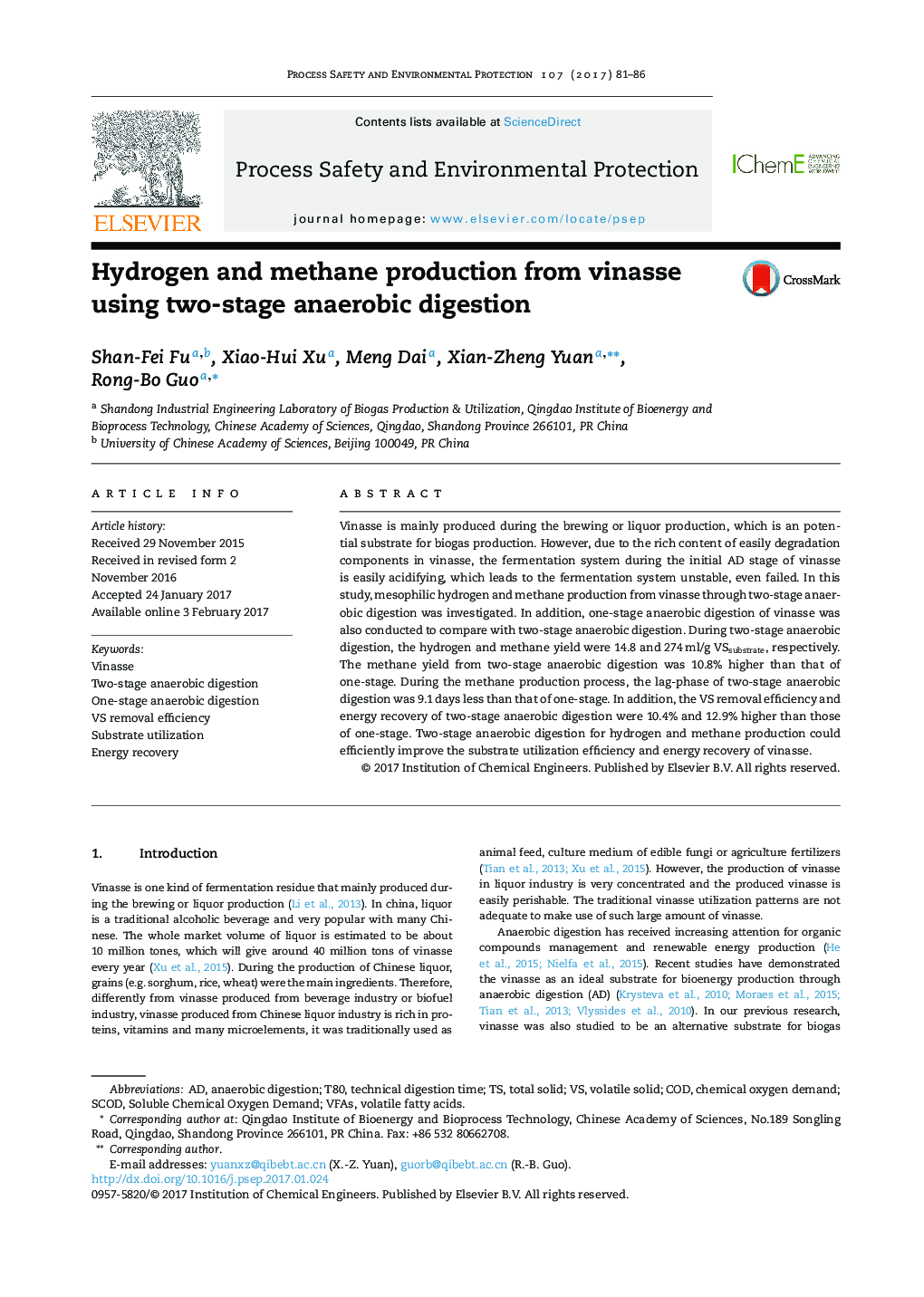 Hydrogen and methane production from vinasse using two-stage anaerobic digestion