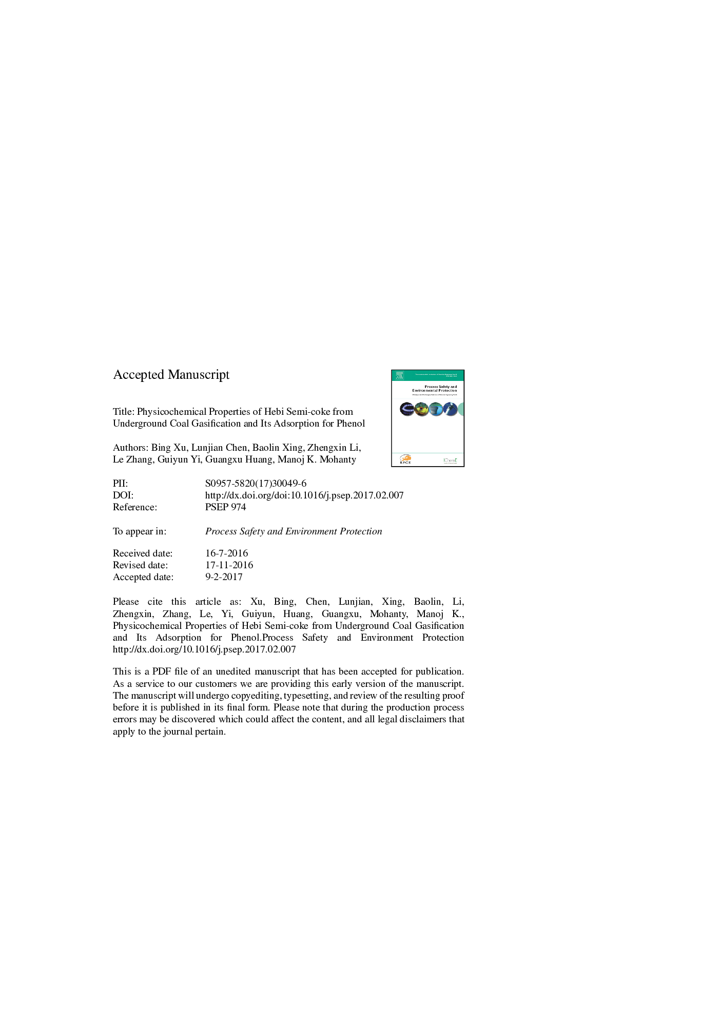 Physicochemical properties of Hebi semi-coke from underground coal gasification and its adsorption for phenol