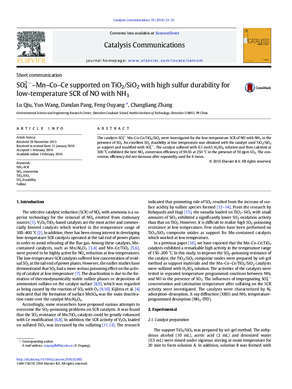 SO42−–Mn–Co–Ce supported on TiO2/SiO2 with high sulfur durability for low-temperature SCR of NO with NH3