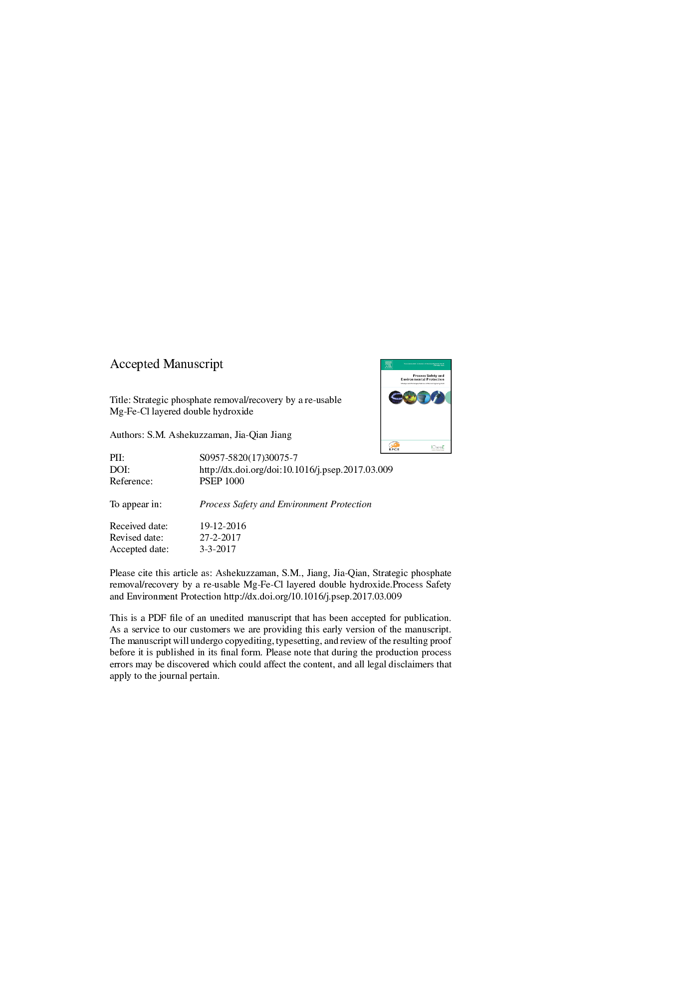 عکس صفحه اول مقاله: Strategic phosphate removal/recovery by a re-usable Mg-Fe-Cl layered double hydroxide Strategic phosphate removal/recovery by a re-usable Mg-Fe-Cl layered double hydroxide