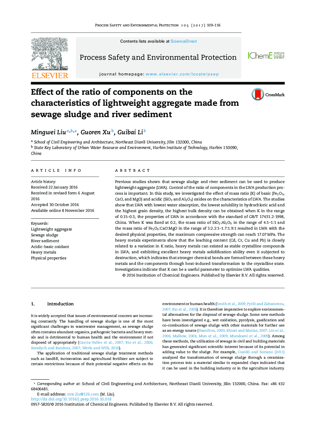 Effect of the ratio of components on the characteristics of lightweight aggregate made from sewage sludge and river sediment
