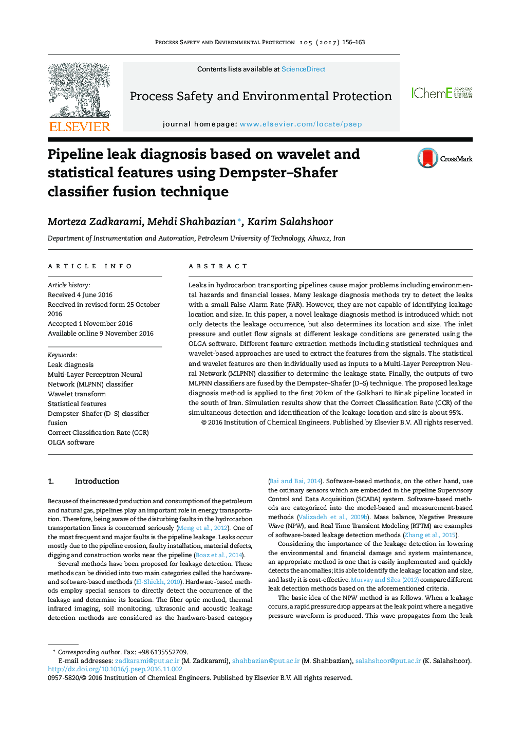 Pipeline leak diagnosis based on wavelet and statistical features using Dempster-Shafer classifier fusion technique