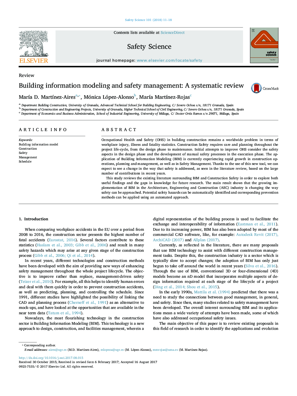 Building information modeling and safety management: A systematic review