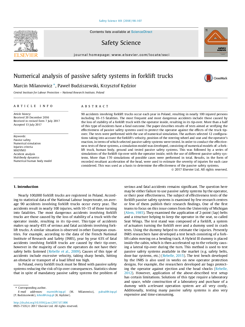 Numerical analysis of passive safety systems in forklift trucks