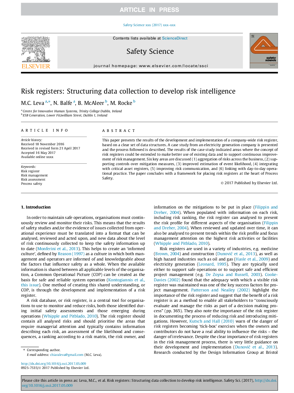 Risk registers: Structuring data collection to develop risk intelligence