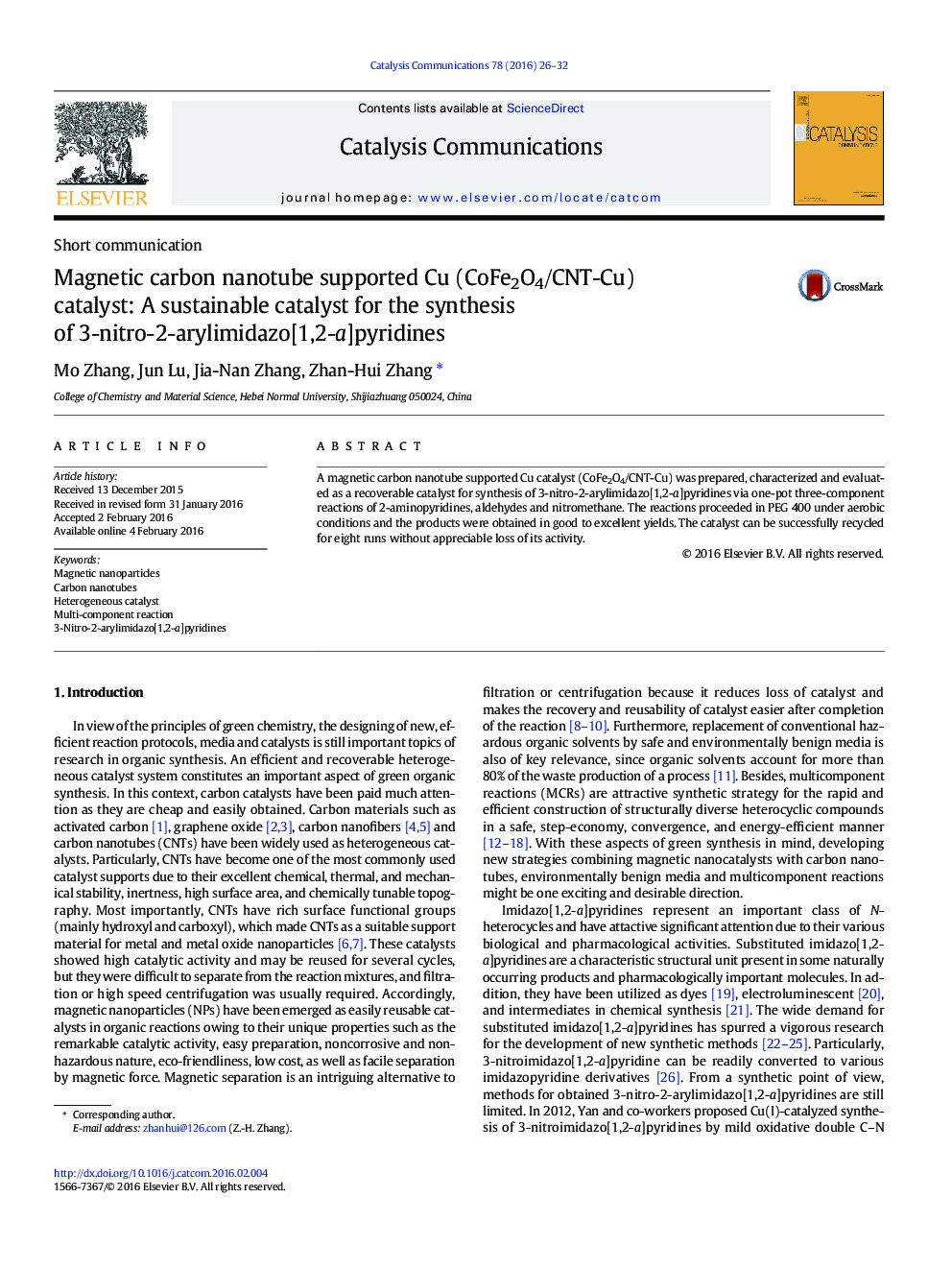 Magnetic carbon nanotube supported Cu (CoFe2O4/CNT-Cu) catalyst: A sustainable catalyst for the synthesis of 3-nitro-2-arylimidazo[1,2-a]pyridines