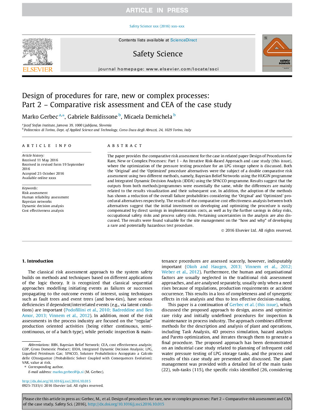 Design of procedures for rare, new or complex processes: Part 2 - Comparative risk assessment and CEA of the case study