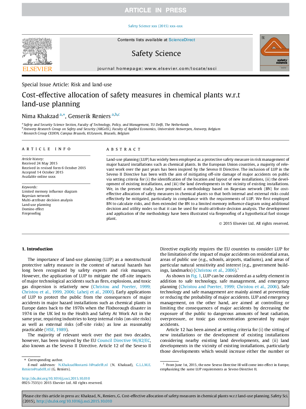 Cost-effective allocation of safety measures in chemical plants w.r.t land-use planning