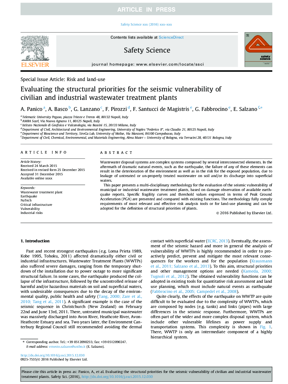 Evaluating the structural priorities for the seismic vulnerability of civilian and industrial wastewater treatment plants