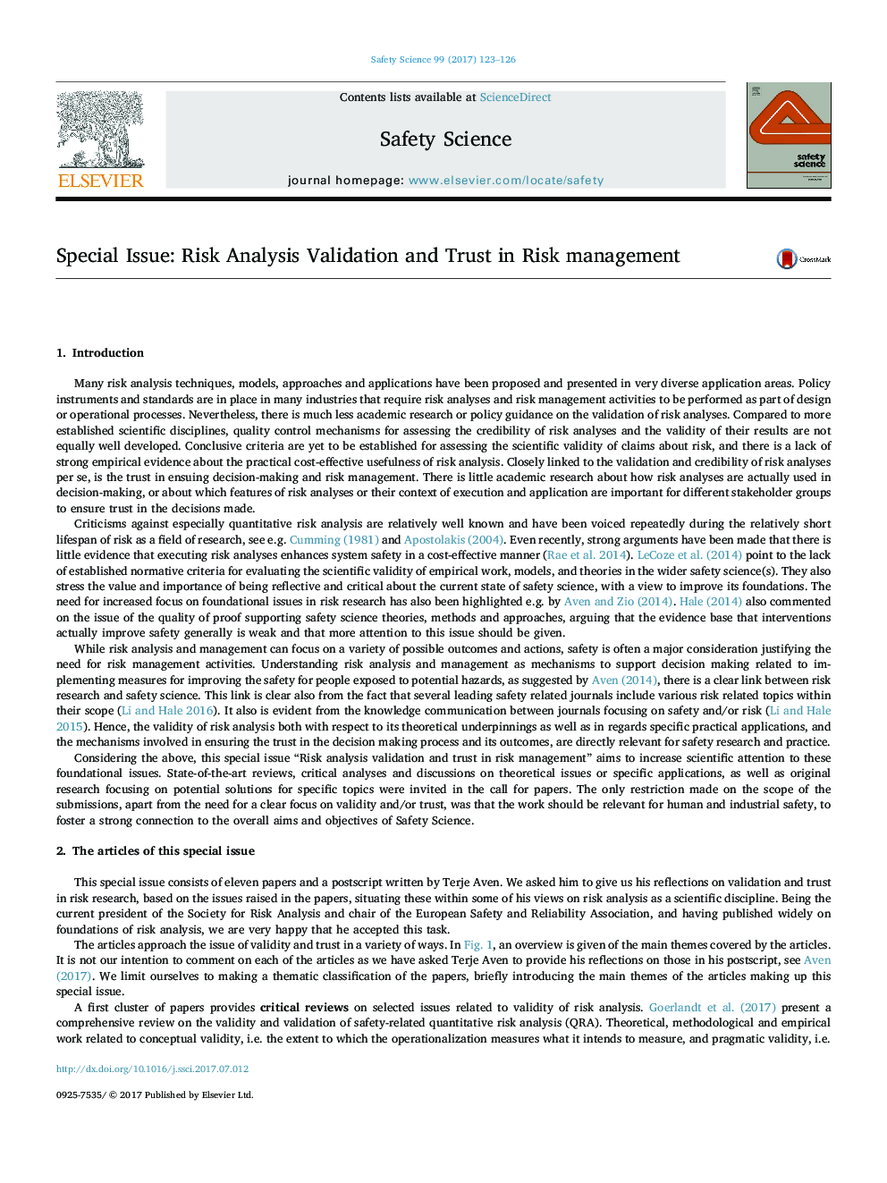 Special Issue: Risk Analysis Validation and Trust in Risk management