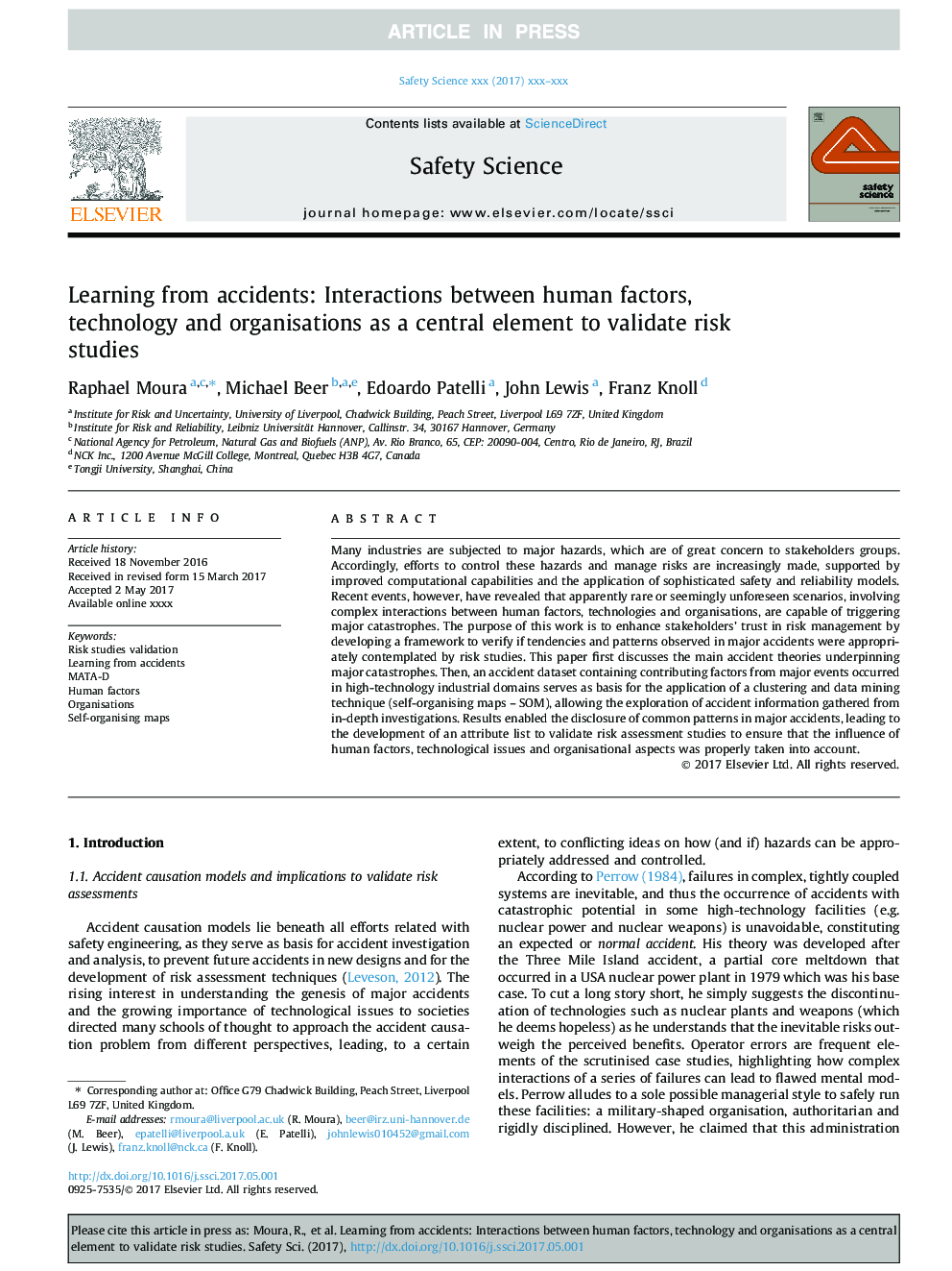 Learning from accidents: Interactions between human factors, technology and organisations as a central element to validate risk studies