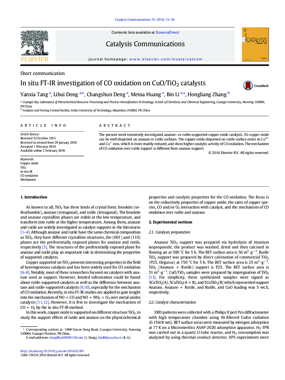 In situ FT-IR investigation of CO oxidation on CuO/TiO2 catalysts