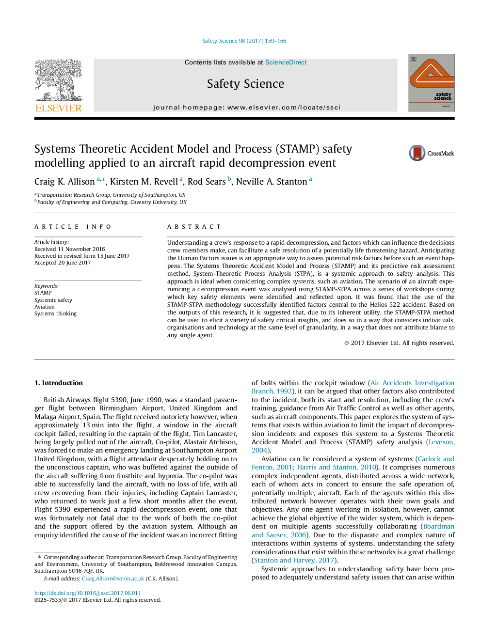 Systems Theoretic Accident Model and Process (STAMP) safety modelling applied to an aircraft rapid decompression event