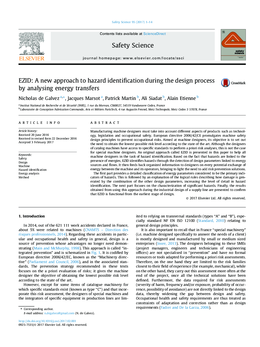 EZID: A new approach to hazard identification during the design process by analysing energy transfers